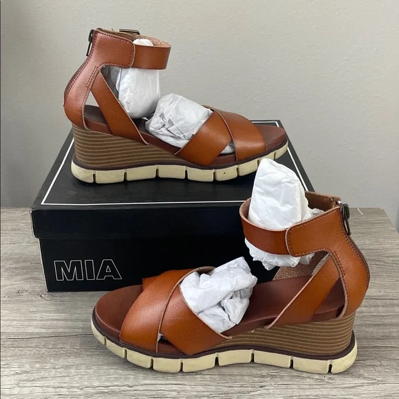 MIA Lauri Cog Wedge Sandals Brown Vegan Leather Size 7.5 Original Box - Picture 5 of 11